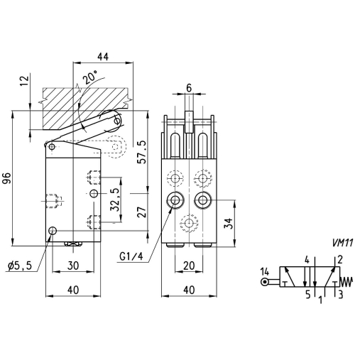 154-955 Zawór sterowany mech. 5/2 G 1/4", Camozzi