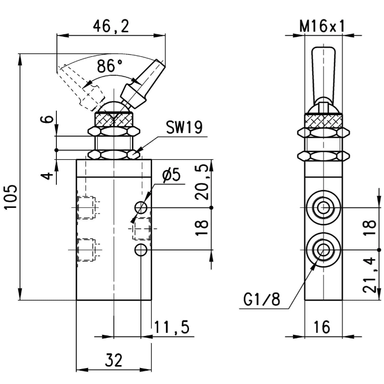 338-990 Zawór ręczny 3/2 NC G 1/8", Camozzi