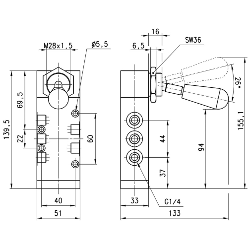 454-905 Zawór ręczny 5/2 G 1/4", Camozzi