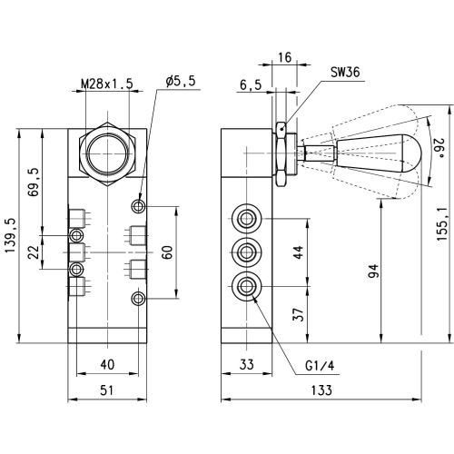 464-900 Zawór ręczny 5/3 CC G 1/4", Camozzi