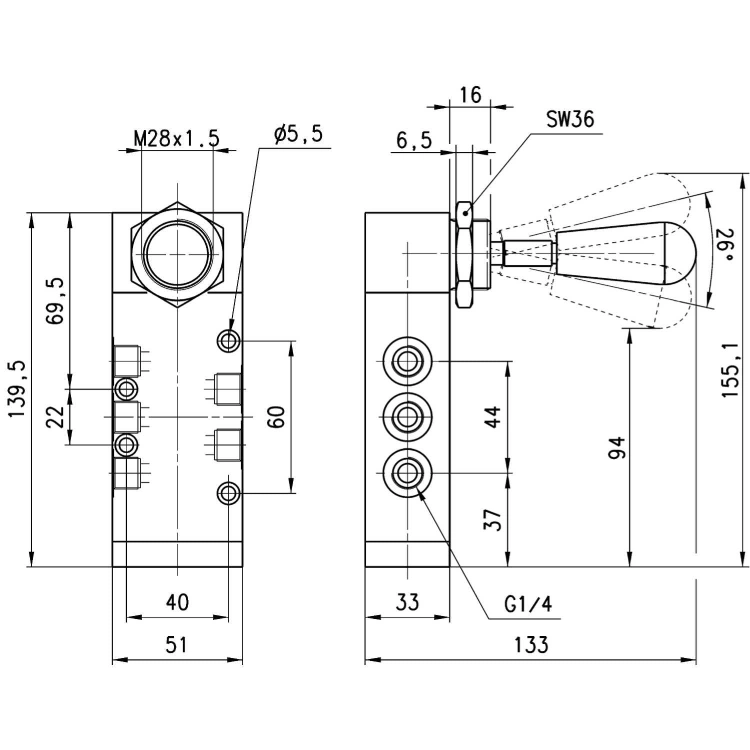 464-900 Zawór ręczny 5/3 CC G 1/4", Camozzi