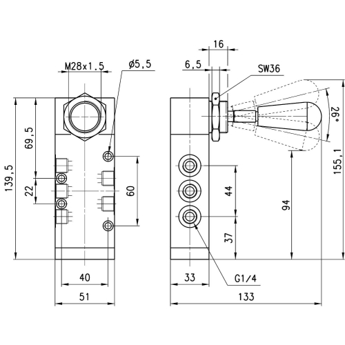 474-900 Zawór ręczny 5/3 CO G 1/4", Camozzi